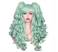 Wear and Go Parrucca cosplay riccia lunga a terra colorata da 24 pollici con 2 code di cavallo(Light Green)