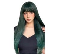 Wear and Go Parrucca lunga diritta con frangia, parrucche sintetiche resistenti al calore dall'aspetto naturale a strati da 26 pollici for l'uso quotidiano delle donne(Green)