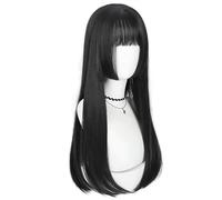 Wear and Go Parrucca nera naturale lunga da donna da 38 pollici, parrucche sintetiche lunghe diritte con frangia for uso cosplay di feste
