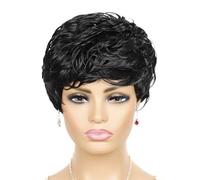 Wear and Go Parrucche corte Pixie for donne nere, parrucca sintetica con capelli ricci e ondulati con frangia, stile permanente(Black)
