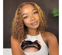 Wear and Go Parrucche Femminili Naturali Pre Cut Pizzo 4x4 Senza Glueless Highlight Ombre 4/27 Bresilien Curly No Glue Pre Pizzo Riccio Profondo Cuneo Dei Capelli Umani 4/27 Cuneo Corto Bob 14"