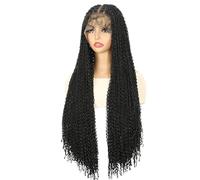 Wear and Go Parrucche intrecciate Boho senza nodi, parrucca intrecciata lunga sintetica con pizzo HD da 13x4 pollici for donna(Black,24 inch)