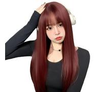 Wear and Go Parrucche lunghe dritte rosso vino for donna con frangia Parrucca Ombre for capelli sintetici naturali for l'uso quotidiano nelle feste