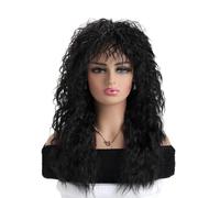 Wear and Go Parrucche punk rocker da donna ricce lunghe da 22 pollici bionde anni '70 e '80 con frangia, parrucca for festa in costume di Halloween cosplay(Black)