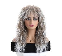 Wear and Go Parrucche punk rocker da donna ricce lunghe da 22 pollici bionde anni '70 e '80 con frangia, parrucca for festa in costume di Halloween cosplay(Glod And Brown)