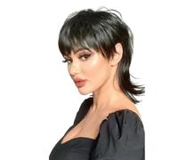 Wear and Go Short 80s Pixie Cut Wig with Bangs, Layered Curly Synthetic Natural Fake Wigs for Women, Adult Daily Use(Black)