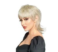 Wear and Go Short 80s Pixie Cut Wig with Bangs, Layered Curly Synthetic Natural Fake Wigs for Women, Adult Daily Use(Blonde)