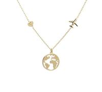 WearTravelers Collana Mappa del Mondo con Aereo e piccolo cuore luminoso in Argento 925 - Idea Regalo per Donna Viaggiatrice - Prodotto Made in Italy - Modello Atlanta (Oro)