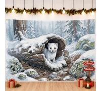 Weasel - Sfondo natalizio con paesaggio invernale e bosco, 210,8 x 149,9 cm | Foresta invernale del bosco, sfondo fotografico, tronco vuoto innevato, arte della fauna selvatica, decorazione per la casa