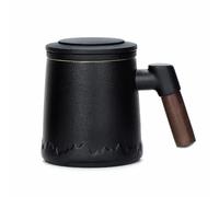 Webao Tazza da Tè in Ceramica con Coperchio e Colino, Tazza da Tè con Manico in Legno per Tè Alla Frutta, Tè Sfuso, Bustine di Tè, Grande 400 ml, Nero