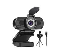 Webcam con supporto a treppiede, correzione automatica della luce, ideale per la didattica online.