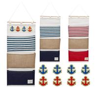 WEBEEDY 2 organizer da appendere a forma di pesce e 8 toppe termoadesive di ancoraggio, regalo da crociera per cabina, porta, 3 tasche, estensore per pesci, per porte e pareti di casa (rosso, blu)