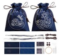 WEBEEDY 2 Set di Kit di Borsa con Cordoncino Ricamato DIY Kit Sashiko con Accessori di Materiali Completi, Kit di Borsa da Cucito a Punto Croce per Principiante Modello Fiore di Loto
