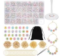 WEBEEDY 60 kit di ciondoli fai da te per bicchieri da vino con perline luminescenti lettere, perline di massa corona stella cuore dorato 60 anelli pinzette marcatori di bevande ciondoli per bicchieri