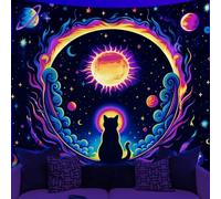 WEBEEDY Arazzo reattivo ai raggi UV con gatto che si illumina al buio, con luna e stelle, galassia, arazzo da appendere alla parete, sfondo al neon psichedelico, per camera da letto, soggiorno