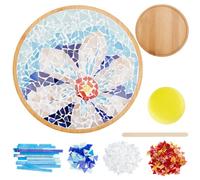 WEBEEDY Kit Fai da Te per Mosaico con Sottobicchieri in Bambù - per Adulti e Principianti, Piastrelle in Vetro Stile Blu con Base Rotonda per Sottobicchiere Fatto a Mano