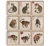 WEBEEDY Set di 9 stampe artistiche da parete con gatto samurai, poster vintage giapponesi samurai giapponesi, decorazione da appendere alla parete, 20 x 25 cm, senza cornice, stile retrò, tatuaggio