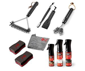 Weber 17892 - Set di pulizia per barbecue a gas in acciaio inox, 8 pezzi, composto da spazzola per barbecue, spugna, 2 detergenti, spazzola per insetti, panno in microfibra e spray antiaderente