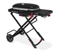 Weber Traveler barbecue a gas/design pieghevole e portatile con ruote, blocco automatico coperchio e termometro integrato, 1 bruciatore, larghezza 111 cm, superficie di cottura 2065 cm², nero