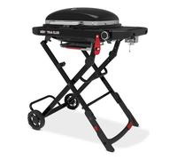 Weber Traveler Compact barbecue a gas/design pieghevole e portatile con ruote, blocco automatico coperchio e termometro integrato, 1 bruciatore, superficie di cottura 52 x 36 cm, nero