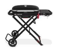 Weber Traveler barbecue a gas/design pieghevole e portatile con ruote, blocco automatico coperchio e termometro integrato, 1 bruciatore, larghezza 111 cm, superficie di cottura 2065 cm², nero