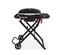 Weber Traveler Compact barbecue a gas/design pieghevole e portatile con ruote, blocco automatico coperchio e termometro integrato, 1 bruciatore, superficie di cottura 52 x 36 cm, nero