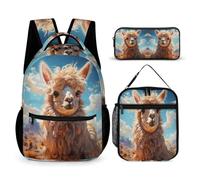 WECECE Borsa Scolastica Alpaca Bambini 3 Pezzi con Sacchetto Pranzo e Astuccio, Set di Zaino Animal Theme Ragazza 8-13 Anni per Tempo Libero, Tasche Laterali Porta Bottiglia