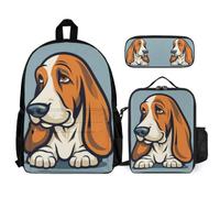 WECECE Borsa Scolastica Baquito Hound Dog Ragazzi con Sacchetto per Pranzo e Astuccio, Zainetto Puppy Animal Bambina Classe 2-5 per Primaria
