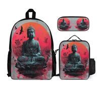 WECECE Borsa Scolastica Buddha Statue Bambini con Borsa Termica e Astuccio Matite, Zainetto Ragazza 6-13 Anni per Escursioni e Lezioni