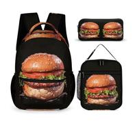 WECECE Borsa Scolastica Burger Print Ragazzo con Borsa Termica e Astuccio Matite, Zainetto Food Pattern Ragazze 6-12 Anni per Elementare, Capiente per Libri Quaderni e Accessori