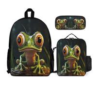 WECECE Borsa Scolastica Frog Bambini con Borsa Termica e Astuccio Matite, Zainetto Ugly Ragazza 6-13 Anni per Escursioni e Lezioni