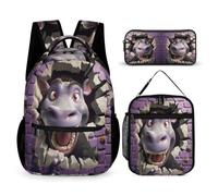WECECE Borsa Scolastica Hippo Studenti con Portapranzo e Astuccio Matite, Set Zaini 3D Animal Bambino 7-13 Anni per Uso Giornaliero e Lezioni, Spallacci Regolabili