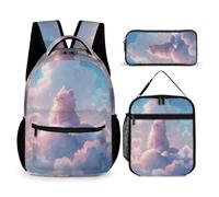 WECECE Borsa Scolastica Kitten Clouds Studenti con Portapranzo e Astuccio Matite, Set Zaini Cat Bambino 7-13 Anni per Uso Giornaliero e Lezioni, Spallacci Regolabili