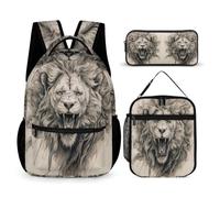 WECECE Borsa Scolastica Lion Bambini 3 Pezzi con Sacchetto Pranzo e Astuccio, Set di Zaino Lions Animal King Ragazza 8-13 Anni per Tempo Libero, Tasche Laterali Porta Bottiglia