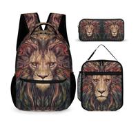 WECECE Borsa Scolastica Lion Studenti con Portapranzo e Astuccio Matite, Set Zaini Lions Animal King Bambino 7-13 Anni per Uso Giornaliero e Lezioni, Spallacci Regolabili