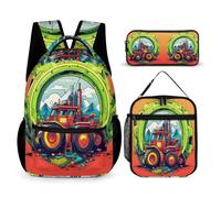 WECECE Borsa Scolastica Mechanical Engineering Vehicle Ragazze con Portapranzo e Astuccio, Set Zaini Tractor Ragazzo 6-12 Anni per Rientro a Scuola
