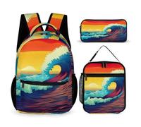 WECECE Borsa Scolastica Ocean Ragazzo con Sacchetto per Pranzo e Astuccio, Set di Zaino Waves Bambina 6-10 Anni per Uso Giornaliero