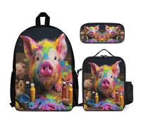 WECECE Borsa Scolastica Pig Bambini con Borsa Termica e Astuccio Matite, Zainetto Colourful Piglet Ragazza 6-13 Anni per Escursioni e Lezioni