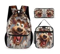 WECECE Borsa Scolastica Reindeer Bambini 3 Pezzi con Sacchetto Pranzo e Astuccio, Set di Zaino Animal Cracker 3D Ragazza 8-13 Anni per Tempo Libero, Tasche Laterali Porta Bottiglia