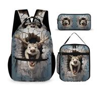 WECECE Borsa Scolastica Reindeer Studenti con Portapranzo e Astuccio Matite, Set Zaini Animal Cracker 3D Bambino 7-13 Anni per Uso Giornaliero e Lezioni, Spallacci Regolabili