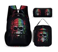 WECECE Borsa Scolastica Skull Bambini 3 Pezzi con Sacchetto Pranzo e Astuccio, Set di Zaino Skeleton Ragazza 8-13 Anni per Tempo Libero, Tasche Laterali Porta Bottiglia