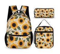 WECECE Borsa Scolastica Sunflower Bambini 3 Pezzi con Sacchetto Pranzo e Astuccio, Set di Zaino Flower Ragazza 8-13 Anni per Tempo Libero, Tasche Laterali Porta Bottiglia
