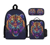 WECECE Borsa Scolastica Tiger Bambini con Borsa Termica e Astuccio Matite, Zainetto Animal Tiger Ragazza 6-13 Anni per Escursioni e Lezioni