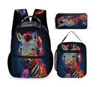 WECECE Borsa Scolastica Zebra Studenti con Portapranzo e Astuccio Matite, Set Zaini Neon Colours Bambino 7-13 Anni per Uso Giornaliero e Lezioni, Spallacci Regolabili