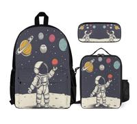 WECECE Borsa Scuola Astronaut Bambina con Sacchetto Pranzo e Astuccio Matite, Zainetto Spaceman Bambino 7-12 Anni per Viaggio, Capiente per Libri Quaderni e Accessori Scolastici