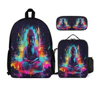 WECECE Borsa Scuola Buddha Bambini con Portapranzo e Astuccio Matite, Zainetto Buddhism Ragazza 6-10 Anni per Attività Scolastiche, Capiente per Libri Quaderni e Accessori