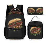 WECECE Borsa Scuola Burger Print Ragazza 7-14 Anni con Sacchetto per Pranzo e Astuccio, Set Zaini Food Pattern Ragazzi per Attività Quotidiane, Capiente Libri Quaderni e Accessori
