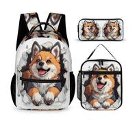 WECECE Borsa Scuola Corgi Dog Ragazze con Borsa Termica e Astuccio Matite, Set di Zaino Puppy Animal Print Ragazzo 7-11 Anni per Rientro a Scuola