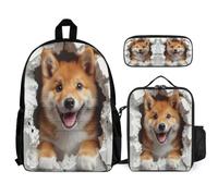 WECECE Borsa Scuola Corgi Ragazze Classe 1-3 con Borsa Termica e Astuccio, Set Zaini Dog Animal Print Bambina per Primaria 6-10 Anni, Capiente per Libri Quaderni e Accessori