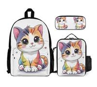 WECECE Borsa Scuola Cute Cat Bambini con Portapranzo e Astuccio Matite, Zainetto Kitten Ragazza 6-10 Anni per Attività Scolastiche, Capiente per Libri Quaderni e Accessori